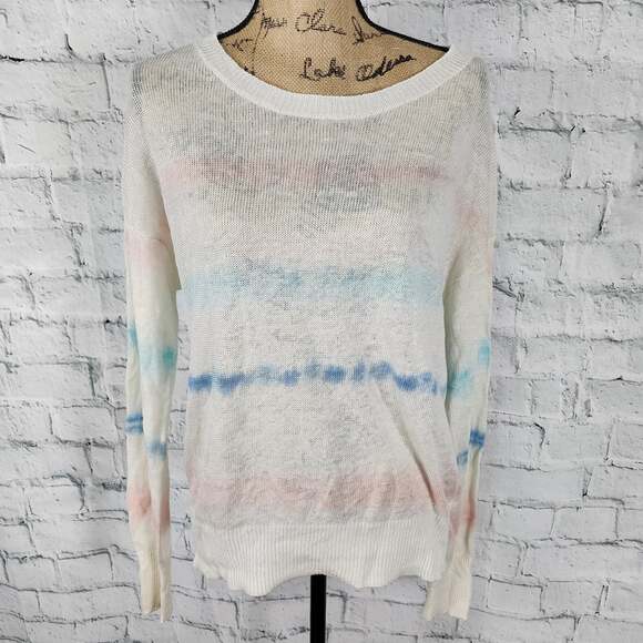 White & Warren magenta stripe Sweater Sz L linen tie dye crewneck top A3C - Picture 1 of 4